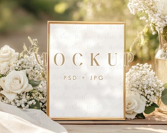 8x10 Table Sign Mockup, Wedding Sign Frame Mockup, Floral Frame Mockup, Wedding Table Number Mockup, Bar Sign Mockup PSD, Gold Frame Mockup