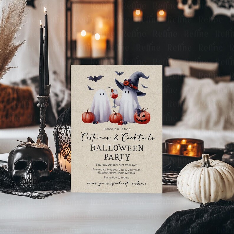 Op de afbeelding: Halloween-feestuitnodiging met aquarelgeesten, pompoenen en vleermuizen. De uitnodigingstekst luidt "Costumes & Cocktails" en bevat evenementdetails. Een zwarte schedelkaarsenhouder en een witte pompoen zijn ook zichtbaar.