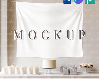 Wall Tapestry Mockup 50x60, Nursery or Birthday Tapestry PSD PNG Canva, White Fabric Wall Hanging Tapestry Mockup, Kids Party Wall Mockup