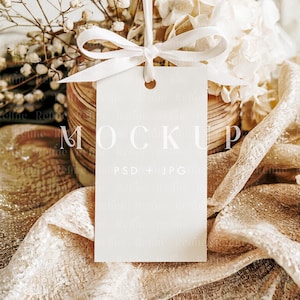Favor Gift Tag Mockup PSD, Box Tag Label Mockup, Thank You Tag Mock-up, Boho Rectangle Tag Mock up, Present Packaging Tag Scene for Designer