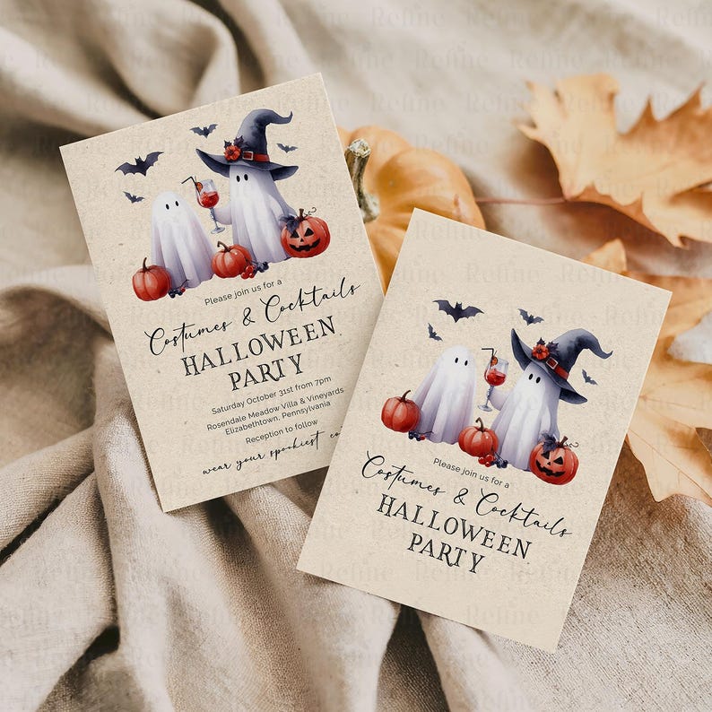 May include: Two Halloween party invitations with watercolor illustrations. The cards feature ghosts, pumpkins, bats, and text that reads "Costumes & Cocktails Halloween Party". The invitations are on a beige background.