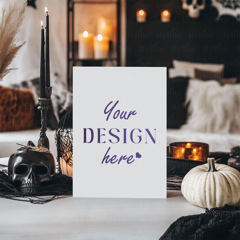 Op de afbeelding: Een Halloween-thema met een witte kaart met de tekst "Your DESIGN here" in paars. De sc&egrave;ne bevat een zwarte schedel, kaarsen, een witte pompoen en een kandelaar. De achtergrond is wazig.