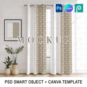 Window Treatment Mockup, Linen Curtain PSD Mockup, Drapes Window Panel Canva PNG Mockup, Elegant Home Decor Curtain Mockup with Smart Object