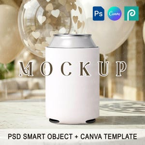 May include: A white can cooler with the word "MOCKUP" printed on it. The cooler is on a white surface, with balloons in the background. The text "PSD SMART OBJECT + CANVA TEMPLATE" is at the bottom.