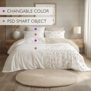 Bedding Duvet & Pillow Cover Mockup PSD, Bed Linen Display Mockup, Boho Bedroom Textile Scene Mockup, Bedding Set Mockup
