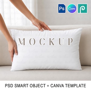 May include: A rectangular white pillow mockup featuring the word MOCKUP in large grey capital letters centered on the front. The design includes digital icons for Photoshop, Canva, and Photopea in the top right corner and text at the bottom.