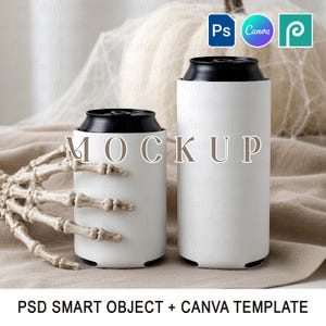 May include: Two white cylindrical can coolers with black rims, one shorter and one taller, featuring the word MOCKUP in large letters. A skeletal hand model rests against the shorter cooler, and software icons for Photoshop, Canva, and PicMonkey appear.
