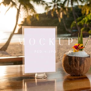 Maquette de carte de cocktails, maquette de panneau de menu de bar, maquette de numéro de Table de mariage, panneau de table 8 x 10 PSD, panneau de bar d'été, maquette de mariage de plage tropicale