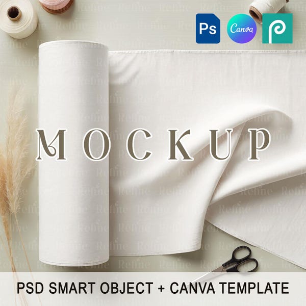 Fabric Roll Mockup PSD PNG, Cotton Linen Cloth Mockup, Boho Fabric Swatches Flatlay Template, Muslin Textile Mock-up