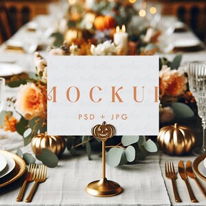 Halloween Table Number Sign Mockup, Elegant Fall 5x7 Card Mockup, Thanksgiving Tabletop Sign Mockup, Horizontal Seating Card PSD JPG