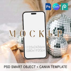 May include: A smartphone mockup with a blank white screen, featuring the word "MOCKUP" in brown letters. The phone is surrounded by disco balls and decorative lights. The image also includes the text "PSD SMART OBJECT + CANVA TEMPLATE".