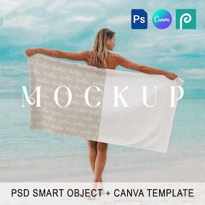 Modelo de mockup de toalha de praia, objeto inteligente em PSD, sobreposição em PNG do Canva, mockup de toalha plana, design de toalha por sublimação, mockup horizontal
