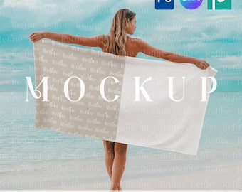 Strandtuch-Mockup-Vorlage, PSD Smart-Objekt, Canva PNG-Overlay, Flachtuch-Modell, Sublimationstuch-Design, horizontales Modell