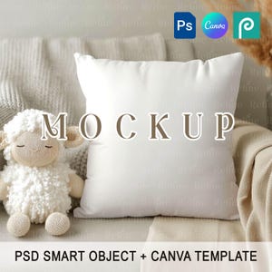 May include: A white square cushion with the word "MOCKUP" in brown letters. A stuffed sheep toy is on the left. The text "PSD SMART OBJECT + CANVA TEMPLATE" is at the bottom. The background includes a sofa and blanket.