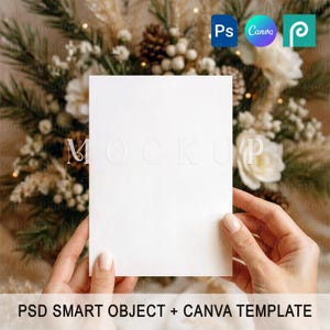 Christmas Wedding Card Mockup, Winter Holiday Invitation PSD PNG Template, Folded Greeting Card in Hand Mock-up for Canva and Photoshop