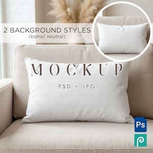May include: White rectangular pillow mockup with the word "MOCKUP" in brown letters. The text "PSD + JPG" is below the word "MOCKUP". The image also includes a smaller image of the pillow and the text "2 BACKGROUND STYLES (boho/neutral)".