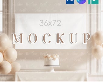 Wall Art Poster Mockup, Birthday Party Banner PSD, Wall Tapestry PNG Canva Mockup, Horizontal Sign Mockup, Neutral Birthday Wall Sign Mockup