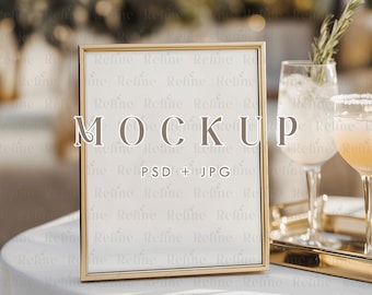 8x10 Bar Menu Sign Mockup, Summer Wedding Table Sign PSD, Gold Frame Tabletop Card Template Mockup, Boho Menu or Table Number Mock-up