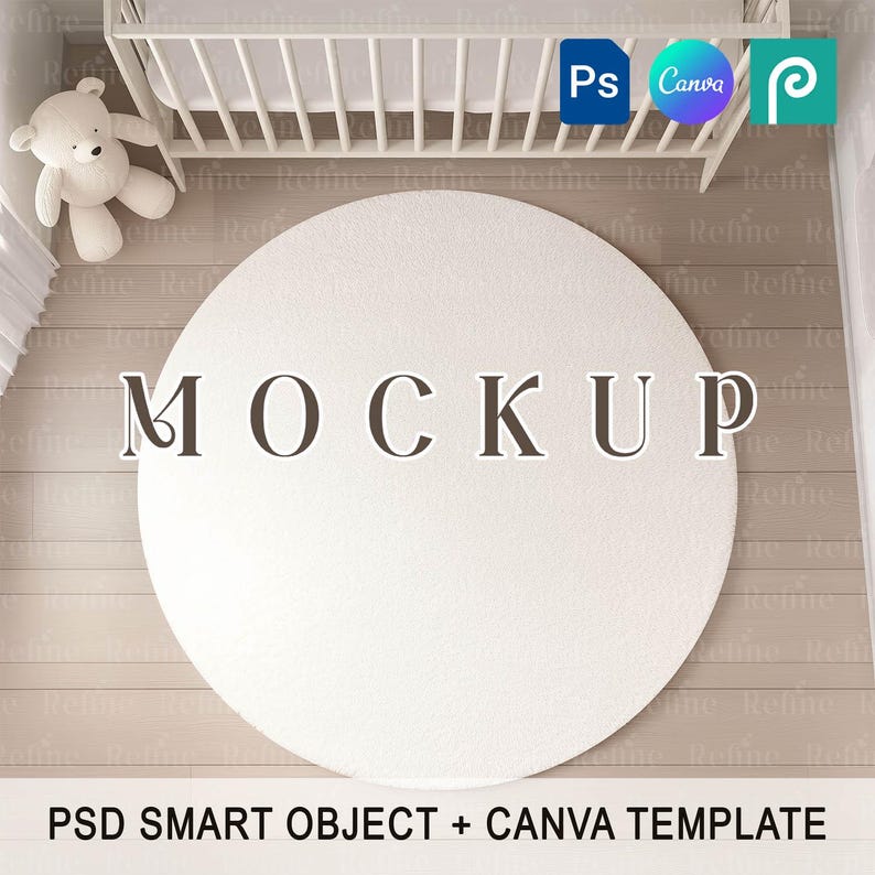 Round Rug Mockup PSD Canva, Nursery Rug Mockup Template, Bohemian Circle Rug Mock up, Textile Fabric Mock-up, Blank Baby Rug Design Mockup image 1