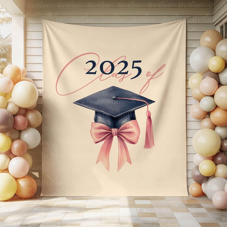 K&ouml;nnte beinhalten: Ein Abschlussbanner mit einem marineblauen Mortarboard, einer rosa Schleife und einer Quaste. Die Worte "Class of 2025" sind in rosa Schrift geschrieben. Der Hintergrund ist hellbeige.