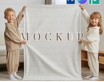 Kids Fleece Blanket Mockup, Nursery Throw Blanket PNG Mock-ups, Baby Bedding Fabric Canva Template