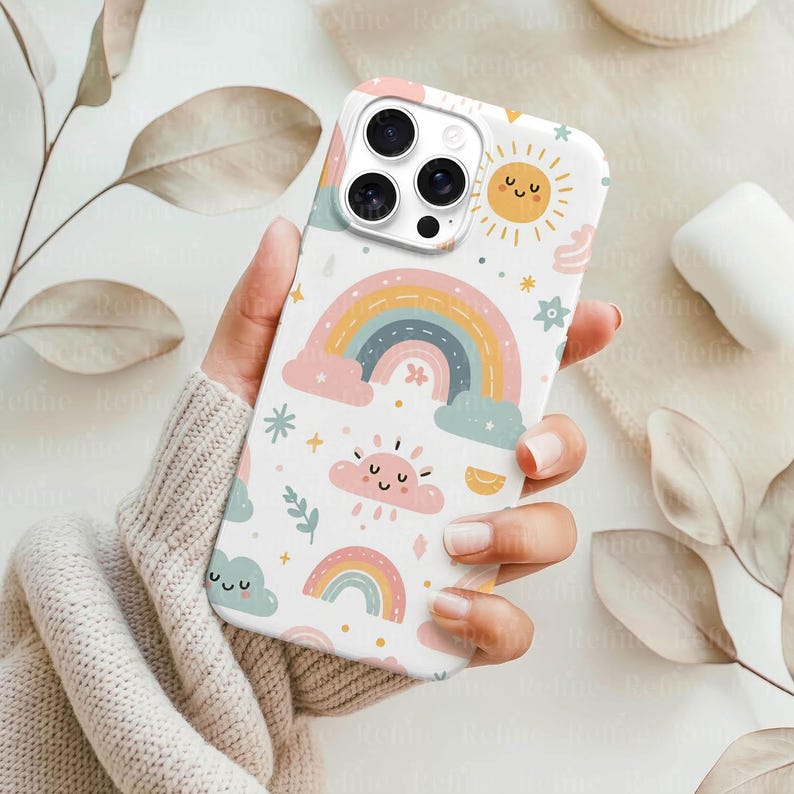May include: A white phone case featuring a colorful rainbow, sun, clouds, and stars design. The case has a pastel color palette and is held in a person's hand. The case is designed for a smartphone.