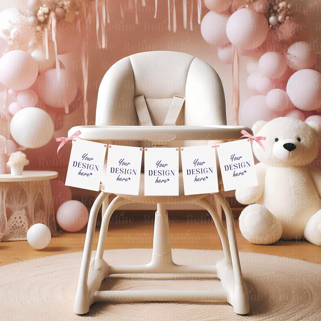 High Chair One Birthday Banner Garland Mockup, Pink First Birthday ...