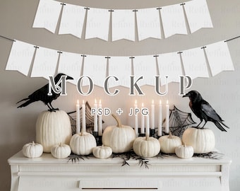Halloween Banner Flag Garland Mockup, Fall Bunting Banners Spooky Party Paper Banner Mockups