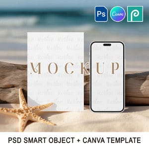 iPhone und Karte Mockup Set, Hochzeit am Strand einladen Telefon PSD PNG, Boho Smartphone Digitale Einladung Mockup, ziehen Canva Vorlage