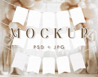 Birthday Garland Banner Mockup, Hanging Photo Card Bunting Template, Party Flag Display PSD