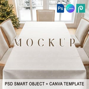 May include: A mockup of a dining table set for a holiday. The table is covered with a white tablecloth and surrounded by four chairs. The word "MOCKUP" is displayed on the table. The text "PSD SMART OBJECT + CANVA TEMPLATE" is at the bottom.