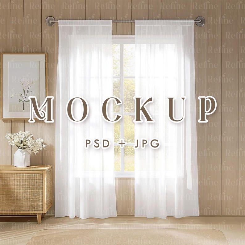 Linen Curtain Mockup, Sheer Voile Drapes Curtain Template, Home Window ...