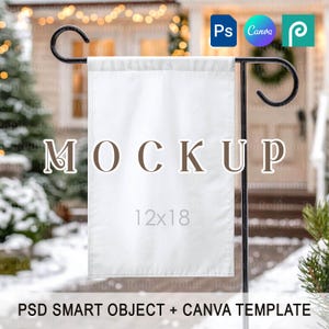 May include: A white garden flag mockup, 12x18 inches, displayed on a black metal stand. The word "MOCKUP" is printed on the flag. The background shows a snowy outdoor scene with a house and Christmas lights.