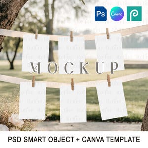 Canva-mockup met maandelijkse fotobanner, mockup met slingerbannerkaart, mockup met hangende fotokaart, mockup met slingervlag, mockup met tafelschikking PSD, tafelmodel png PNGEgg