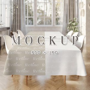 Dining Room Tablecloth Mockup, Linen Fabric Tablecloth PSD Mockup, Kitchen Table Cloth Mockup, Aesthetic Tablecloth Fabric Pattern Mockup