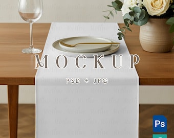 Table Runner Mockup, Kitchen TableCloth PSD Template, Rustic Fabric Dining Table Cloth Mock up