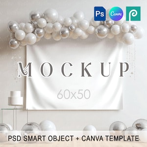 Wall Tapestry or Party Banner Mockup PSD PNG, Horizontal Fabric Backdrop Tapestry Mockup, Wedding Nursery or Birthday Canva Mockup
