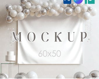 Wall Tapestry Banner Mockup PSD PNG, Fabric Backdrop Template for Wedding Nursery or Birthday