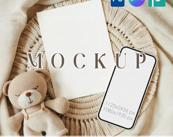 May include: A mockup scene featuring a beige crocheted teddy bear, a blank white card, and a smartphone-shaped template. The items are arranged on a woven placemat and soft fabric. The word "MOCKUP" is displayed on the card.
