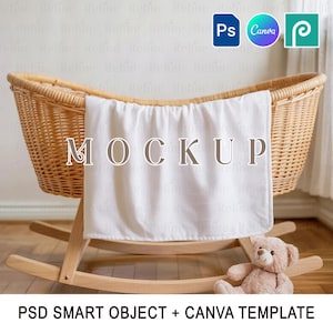 Beige Baby Decke Mockup, Boho Decke Kinderzimmer Mockup Canva und Photoshop, Neugeborene Bettwäsche Decke Mockup, Fleece Decke Mockup