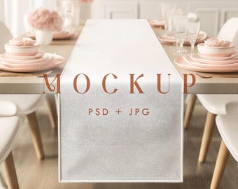 Table Runner Mockup, Textile Fabric Mock up, Blank Table Cloth Mockup, Boho Kitchen Table Runner, Baby Shower Party Table Runner Mock up PSD