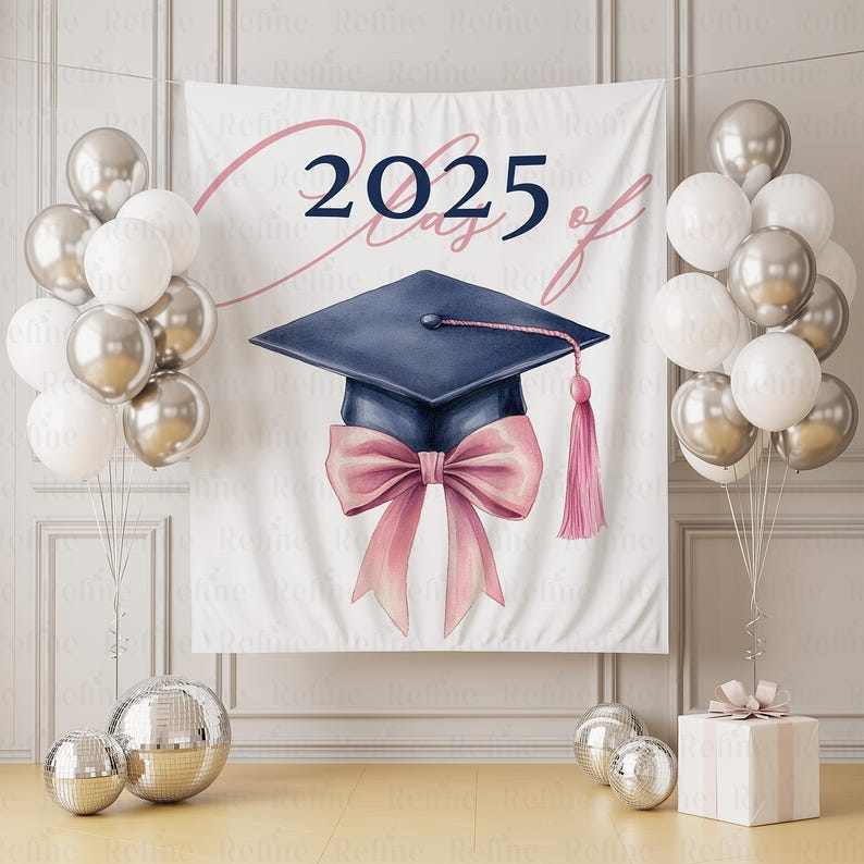 May include: A graduation-themed banner with a navy blue mortarboard, a pink bow, and a tassel. The banner reads "Class of 2025" in pink script and navy blue block letters. Silver and white balloons and disco balls decorate the scene.