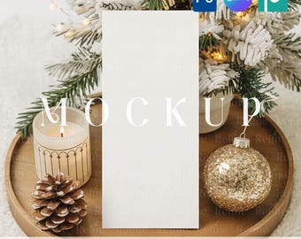 Christmas Menu Card Mockup 4x9, Holiday Dinner & Wedding Program Menu PSD Canva Mockups