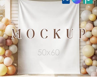 Mockup de tapeçaria de parede para festa 50x60 PSD PNG, modelo de Canva para fundo de tapeçaria suspensa de aniversário infantil