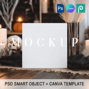 Halloween Square Invitation Mockup PSD & Canva, Birthday Party Card Mock-up, Halloween Event Greeting Card Mock-up, 5x5 Gift Card Mock up