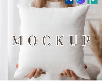 Pillow Mockup PSD Canva, Spun Polyester Square Pillow Mockup, All Over Print Boho Cushion Mock-up, Drag & Drop Pillow Mockup