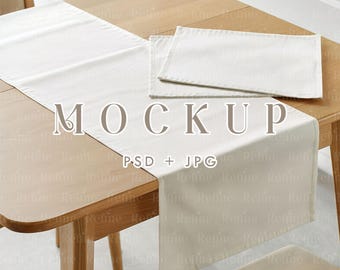 Mockup di runner e tovagliette, mockup PSD di runner e tovaglioli in lino, mockup di tovaglia