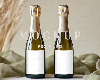 Mini Champagne Mockup, 3x4 Mini Wine Bottle Label Mockup, 4x6 Mini Bottle Sticker Labels Mockup PSD, Champagne Bottle Sticker PSD Template