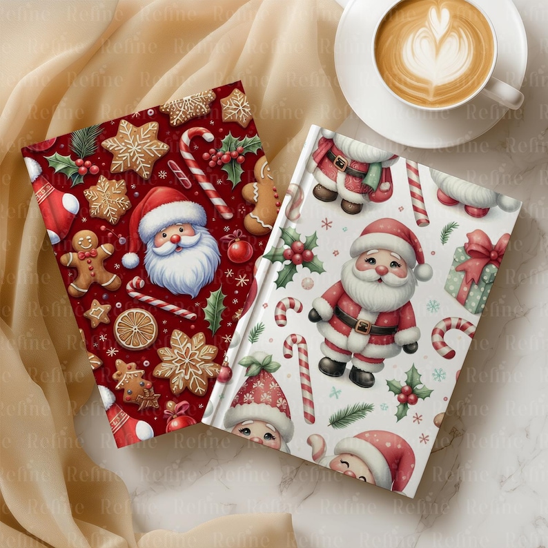 May include: Two Christmas-themed notebooks with festive designs. One features gingerbread men, snowflakes, and Santa Claus on a red background. The other has Santa Claus, candy canes, and gifts on a white background. A cup of coffee sits nearby.