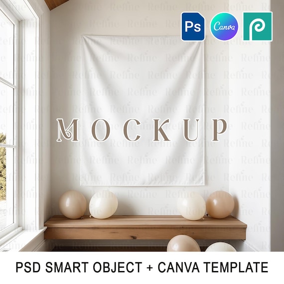 Tapestry Mockup 60x50, Hanging Banner PSD Mock up, Canva Fabric Backdrop Template